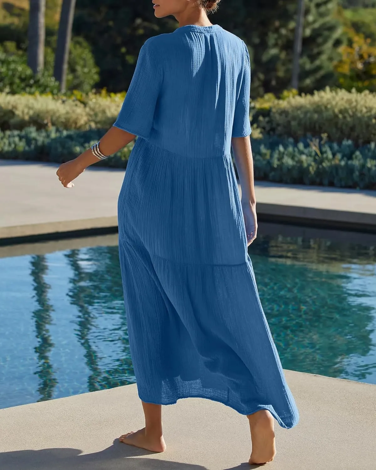 Gacaky Summer Dress for Women Casual Short Sleeve Deep V Neck Sundress Flowy Loose Beach Long Dress