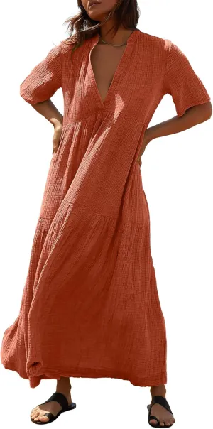 Gacaky Summer Dress for Women Casual Short Sleeve Deep V Neck Sundress Flowy Loose Beach Long Dress