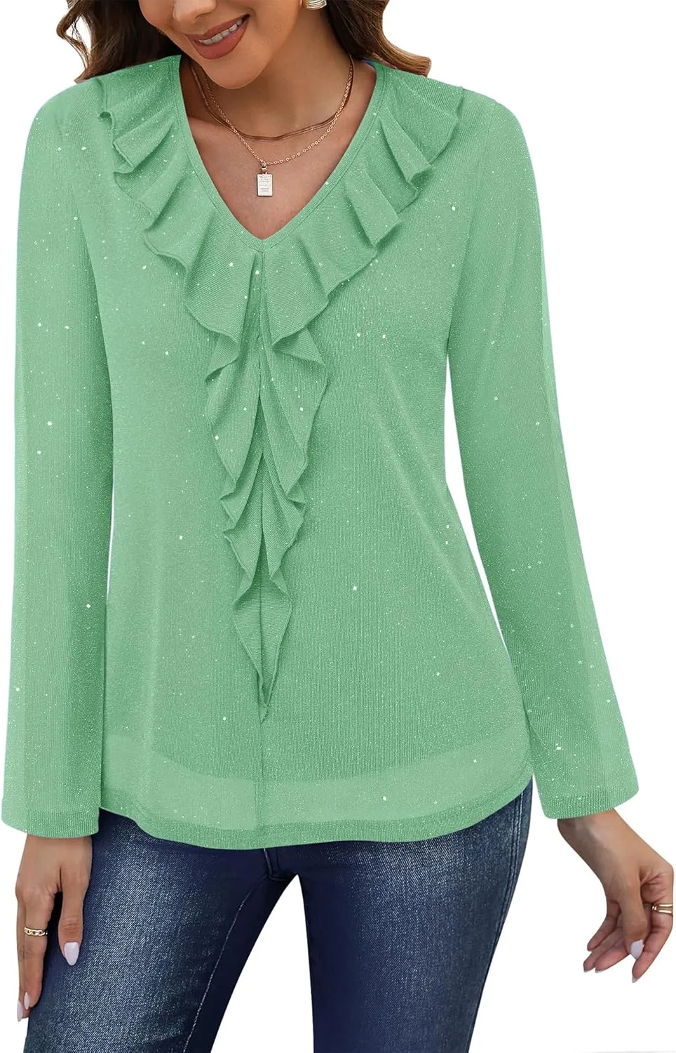 Gaharu Women's Dressy Blouses Long Sleeve Ruffle Shirts Casual Loose Fit Mesh Double Layers Flowy Tunic Tops