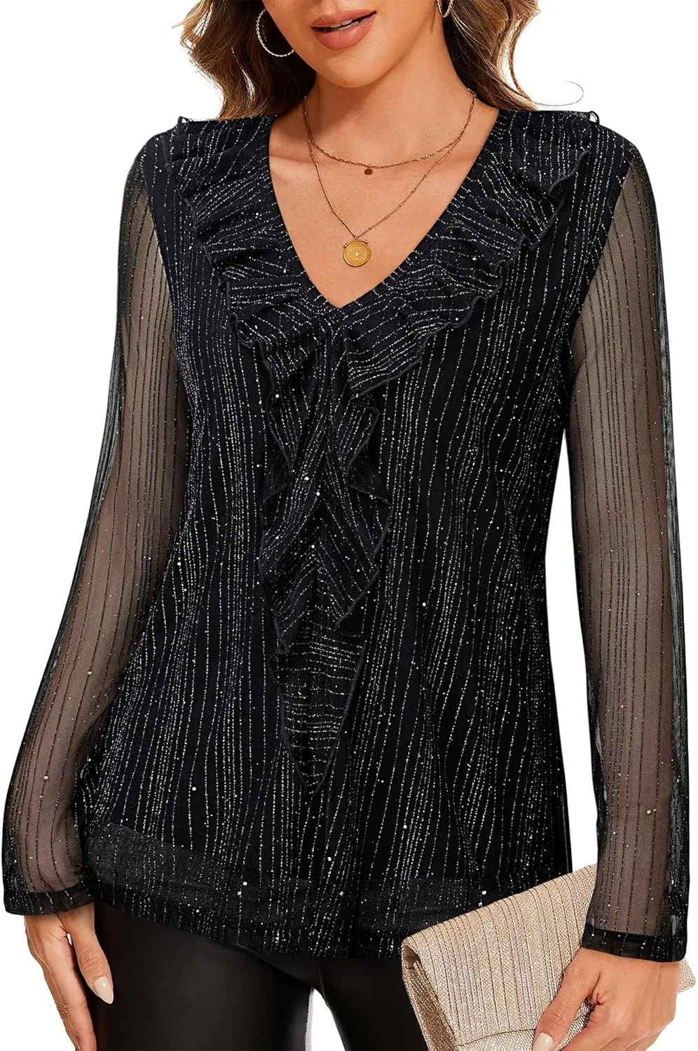 Gaharu Women's Dressy Blouses Long Sleeve Ruffle Shirts Casual Loose Fit Mesh Double Layers Flowy Tunic Tops