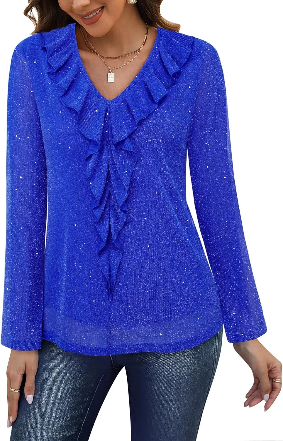 Gaharu Women's Dressy Blouses Long Sleeve Ruffle Shirts Casual Loose Fit Mesh Double Layers Flowy Tunic Tops