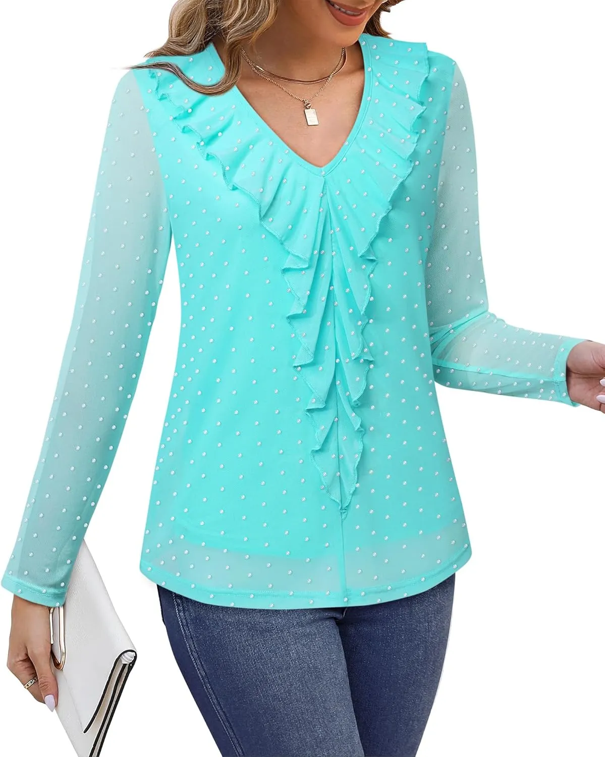 Gaharu Women's Dressy Blouses Long Sleeve Ruffle Shirts Casual Loose Fit Mesh Double Layers Flowy Tunic Tops