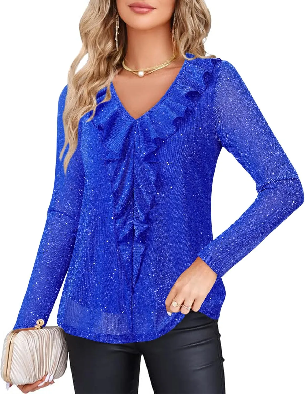 Gaharu Women's Dressy Blouses Long Sleeve Ruffle Shirts Casual Loose Fit Mesh Double Layers Flowy Tunic Tops