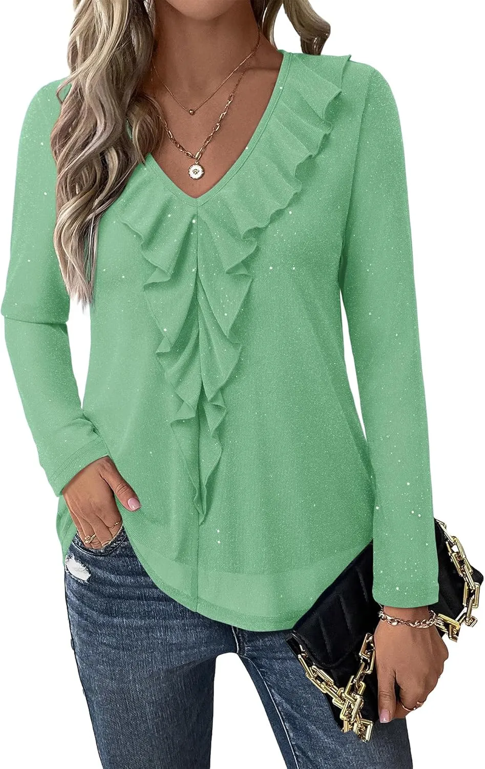 Gaharu Women's Dressy Blouses Long Sleeve Ruffle Shirts Casual Loose Fit Mesh Double Layers Flowy Tunic Tops