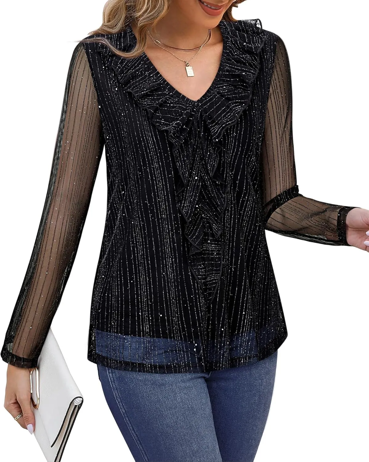Gaharu Women's Dressy Blouses Long Sleeve Ruffle Shirts Casual Loose Fit Mesh Double Layers Flowy Tunic Tops
