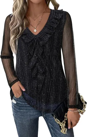 Gaharu Women's Dressy Blouses Long Sleeve Ruffle Shirts Casual Loose Fit Mesh Double Layers Flowy Tunic Tops