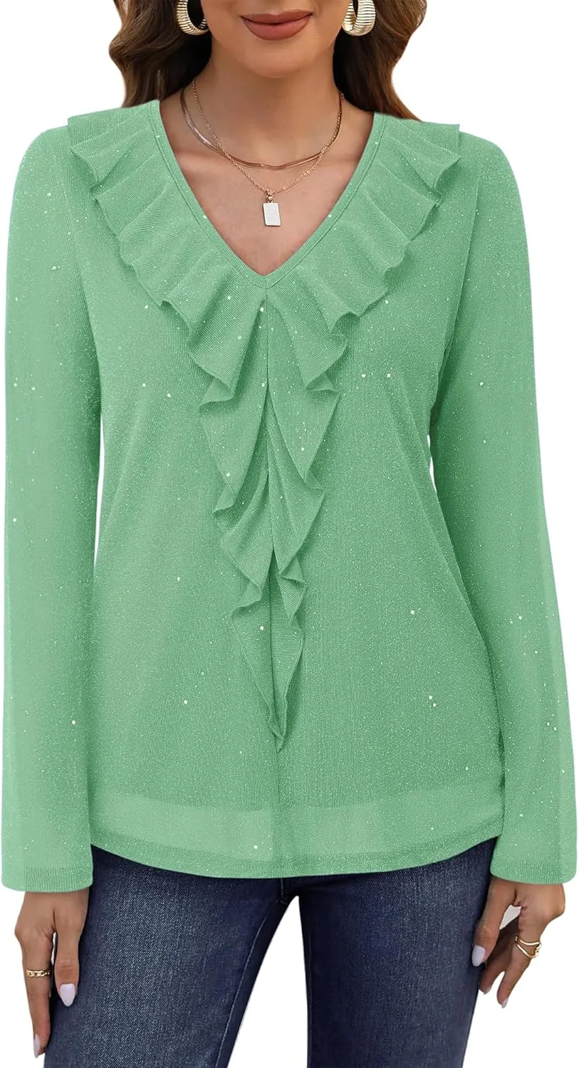 Gaharu Women's Dressy Blouses Long Sleeve Ruffle Shirts Casual Loose Fit Mesh Double Layers Flowy Tunic Tops