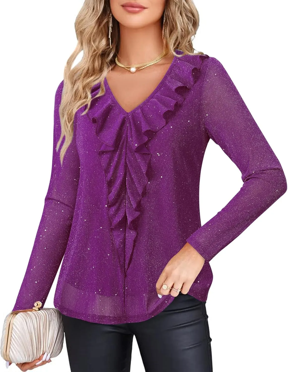 Gaharu Women's Dressy Blouses Long Sleeve Ruffle Shirts Casual Loose Fit Mesh Double Layers Flowy Tunic Tops