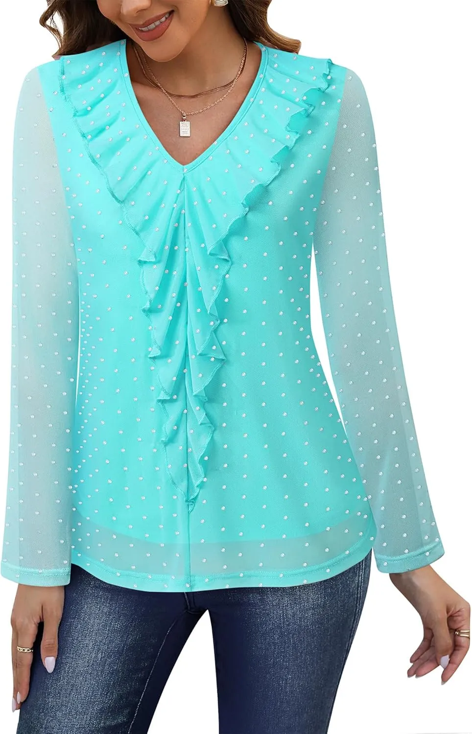 Gaharu Women's Dressy Blouses Long Sleeve Ruffle Shirts Casual Loose Fit Mesh Double Layers Flowy Tunic Tops