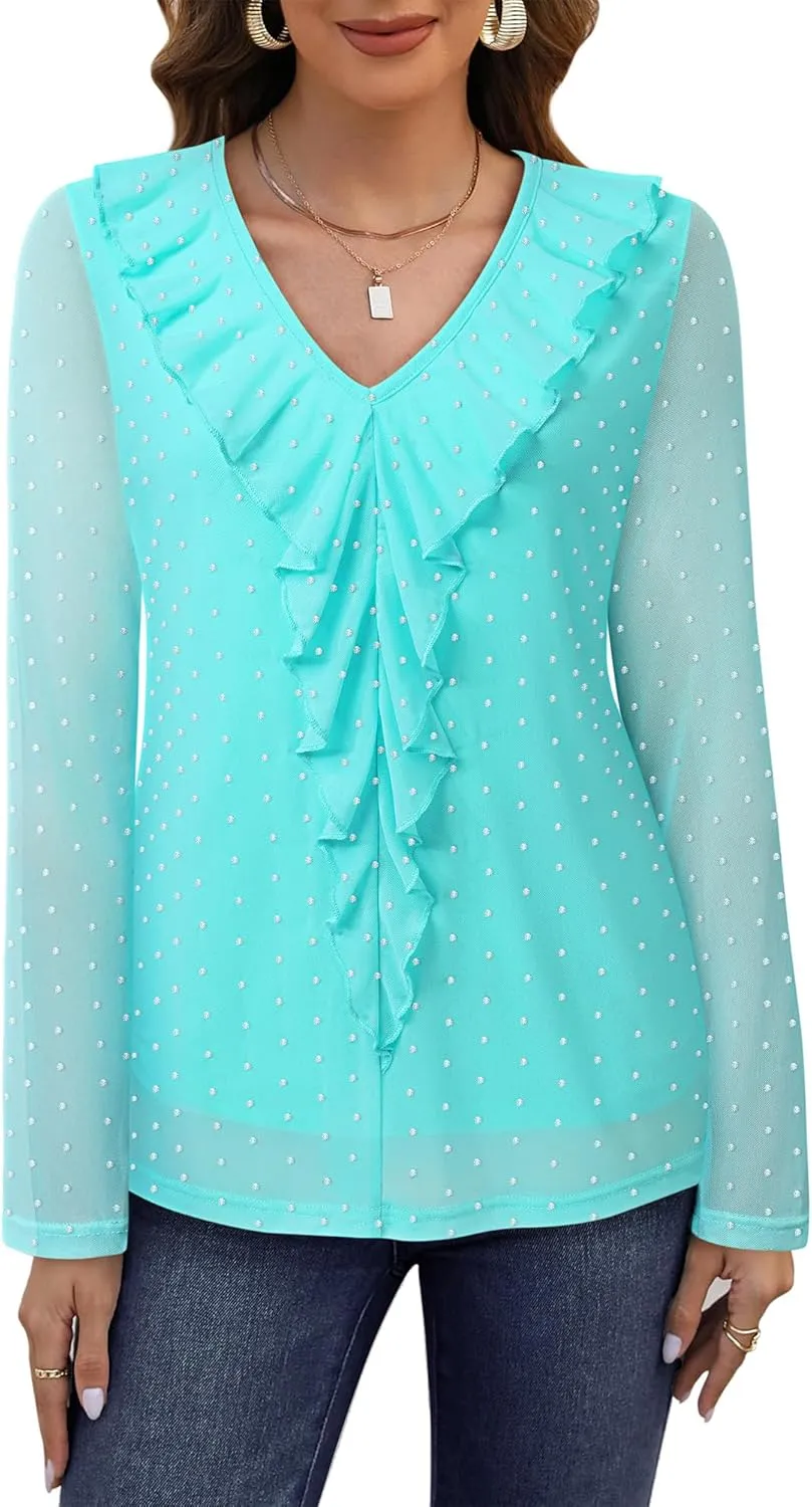 Gaharu Women's Dressy Blouses Long Sleeve Ruffle Shirts Casual Loose Fit Mesh Double Layers Flowy Tunic Tops