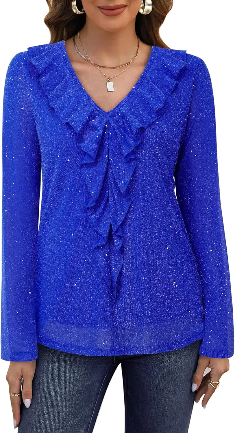 Gaharu Women's Dressy Blouses Long Sleeve Ruffle Shirts Casual Loose Fit Mesh Double Layers Flowy Tunic Tops