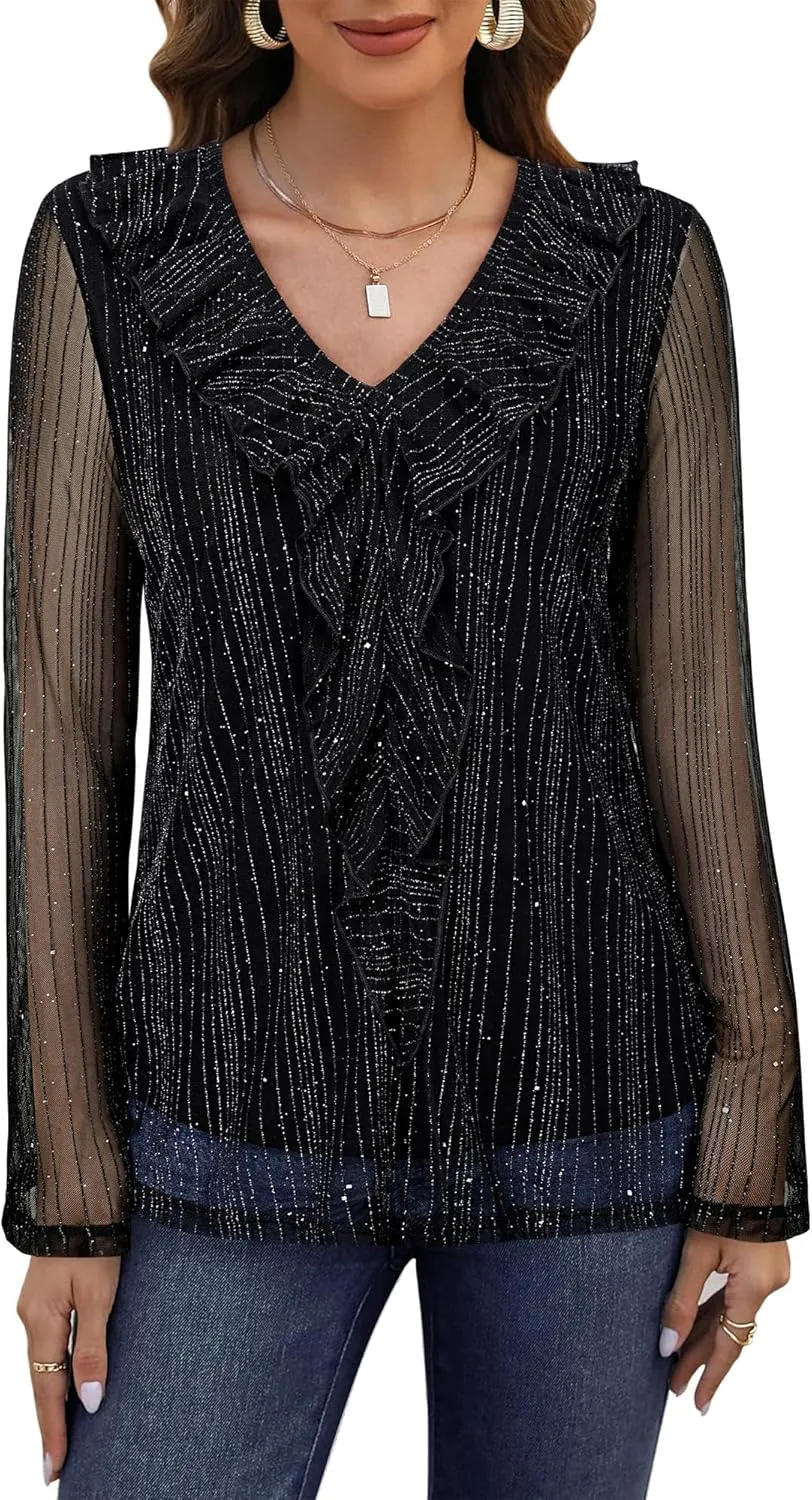 Gaharu Women's Dressy Blouses Long Sleeve Ruffle Shirts Casual Loose Fit Mesh Double Layers Flowy Tunic Tops