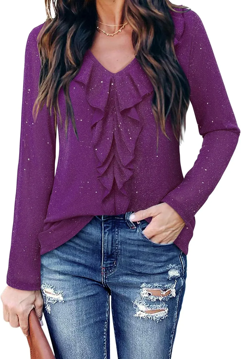 Gaharu Women's Dressy Blouses Long Sleeve Ruffle Shirts Casual Loose Fit Mesh Double Layers Flowy Tunic Tops