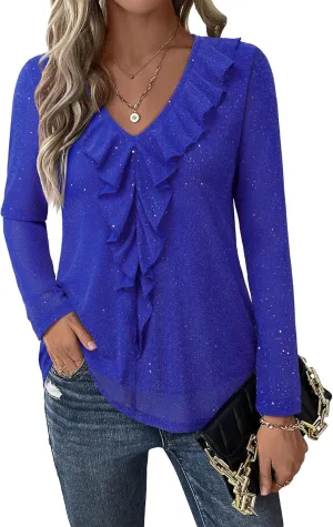 Gaharu Women's Dressy Blouses Long Sleeve Ruffle Shirts Casual Loose Fit Mesh Double Layers Flowy Tunic Tops
