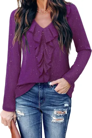 Gaharu Women's Dressy Blouses Long Sleeve Ruffle Shirts Casual Loose Fit Mesh Double Layers Flowy Tunic Tops