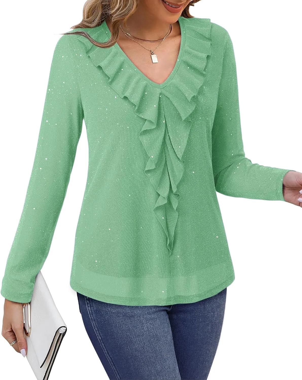 Gaharu Women's Dressy Blouses Long Sleeve Ruffle Shirts Casual Loose Fit Mesh Double Layers Flowy Tunic Tops