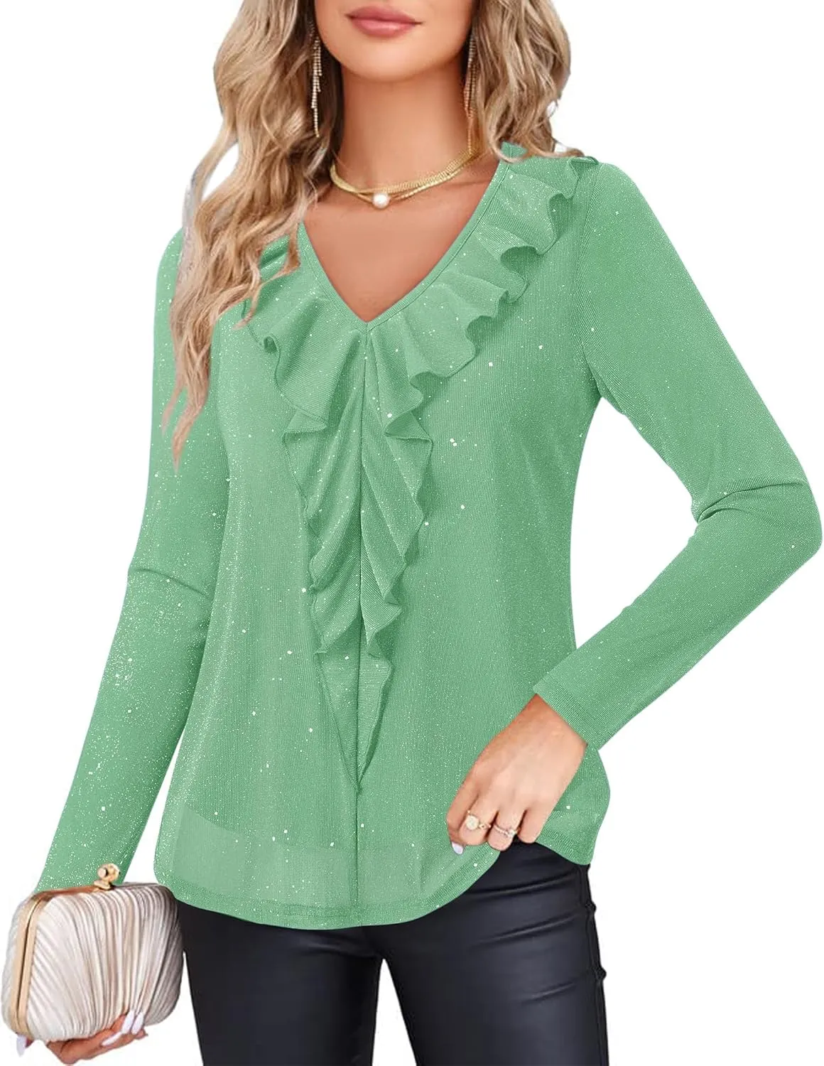 Gaharu Women's Dressy Blouses Long Sleeve Ruffle Shirts Casual Loose Fit Mesh Double Layers Flowy Tunic Tops