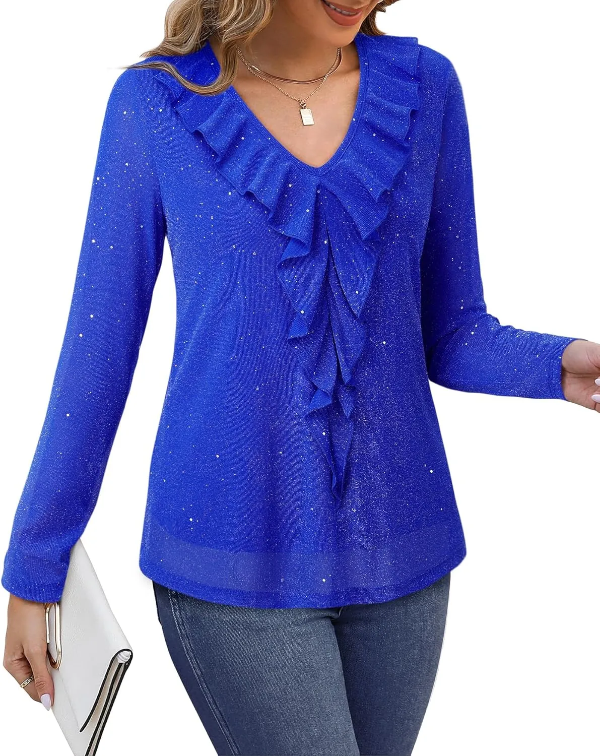 Gaharu Women's Dressy Blouses Long Sleeve Ruffle Shirts Casual Loose Fit Mesh Double Layers Flowy Tunic Tops