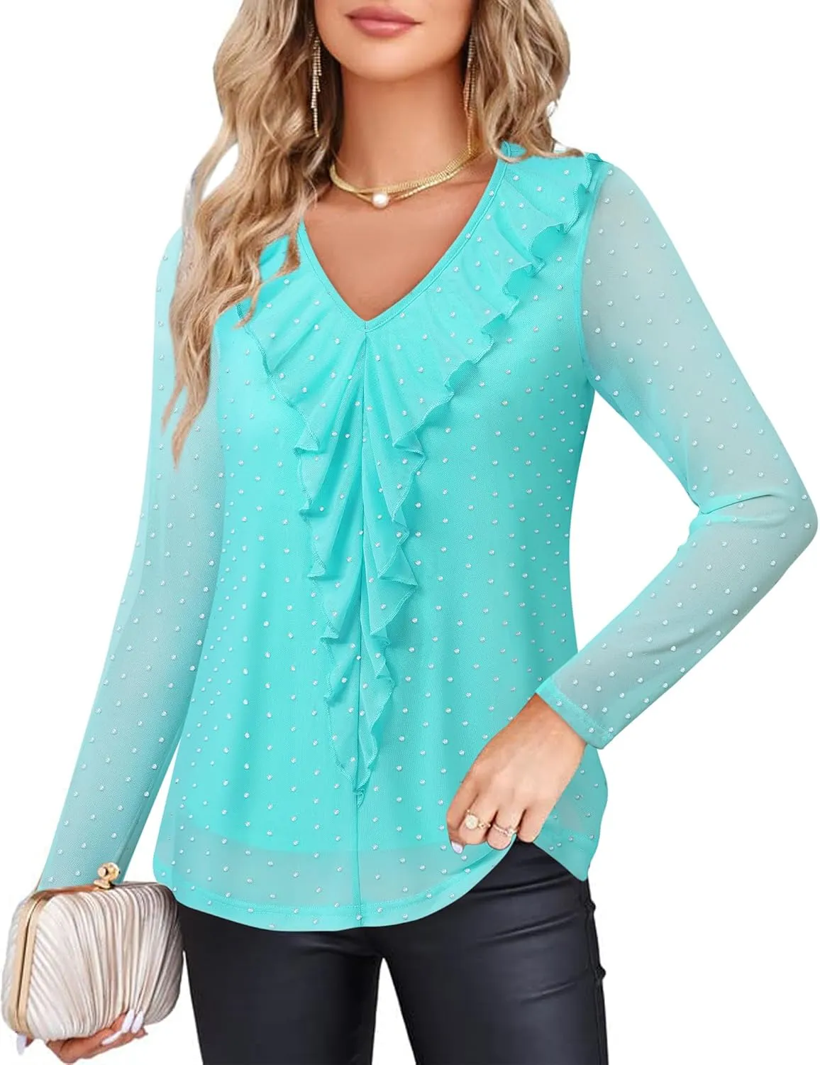 Gaharu Women's Dressy Blouses Long Sleeve Ruffle Shirts Casual Loose Fit Mesh Double Layers Flowy Tunic Tops