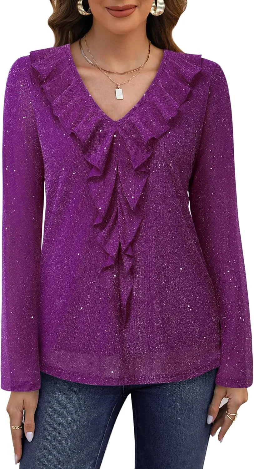 Gaharu Women's Dressy Blouses Long Sleeve Ruffle Shirts Casual Loose Fit Mesh Double Layers Flowy Tunic Tops