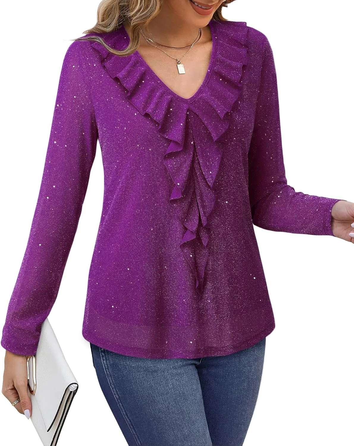 Gaharu Women's Dressy Blouses Long Sleeve Ruffle Shirts Casual Loose Fit Mesh Double Layers Flowy Tunic Tops