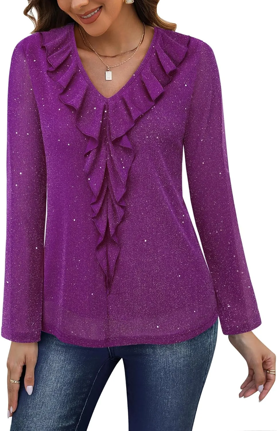 Gaharu Women's Dressy Blouses Long Sleeve Ruffle Shirts Casual Loose Fit Mesh Double Layers Flowy Tunic Tops