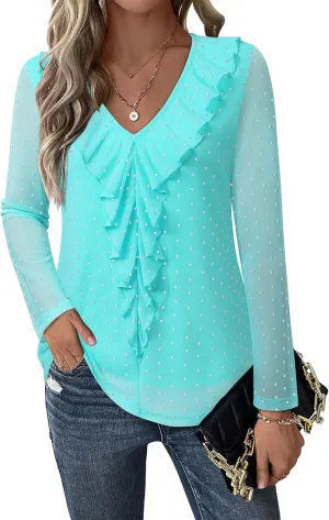 Gaharu Women's Dressy Blouses Long Sleeve Ruffle Shirts Casual Loose Fit Mesh Double Layers Flowy Tunic Tops