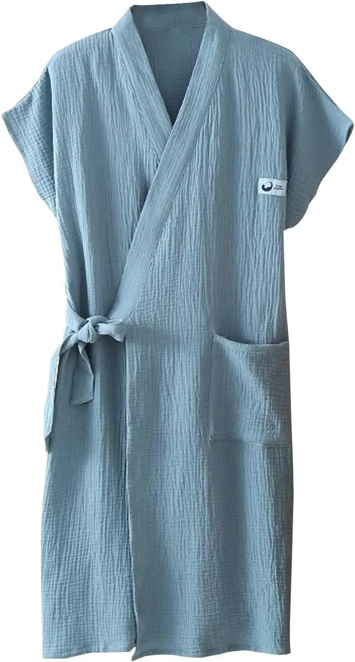 Gauze Bath Robe Women's Sleeveless Bathrobe V-Neck Sleepwear with Belt Mid Length Nightwear Soft Spa Nightgown