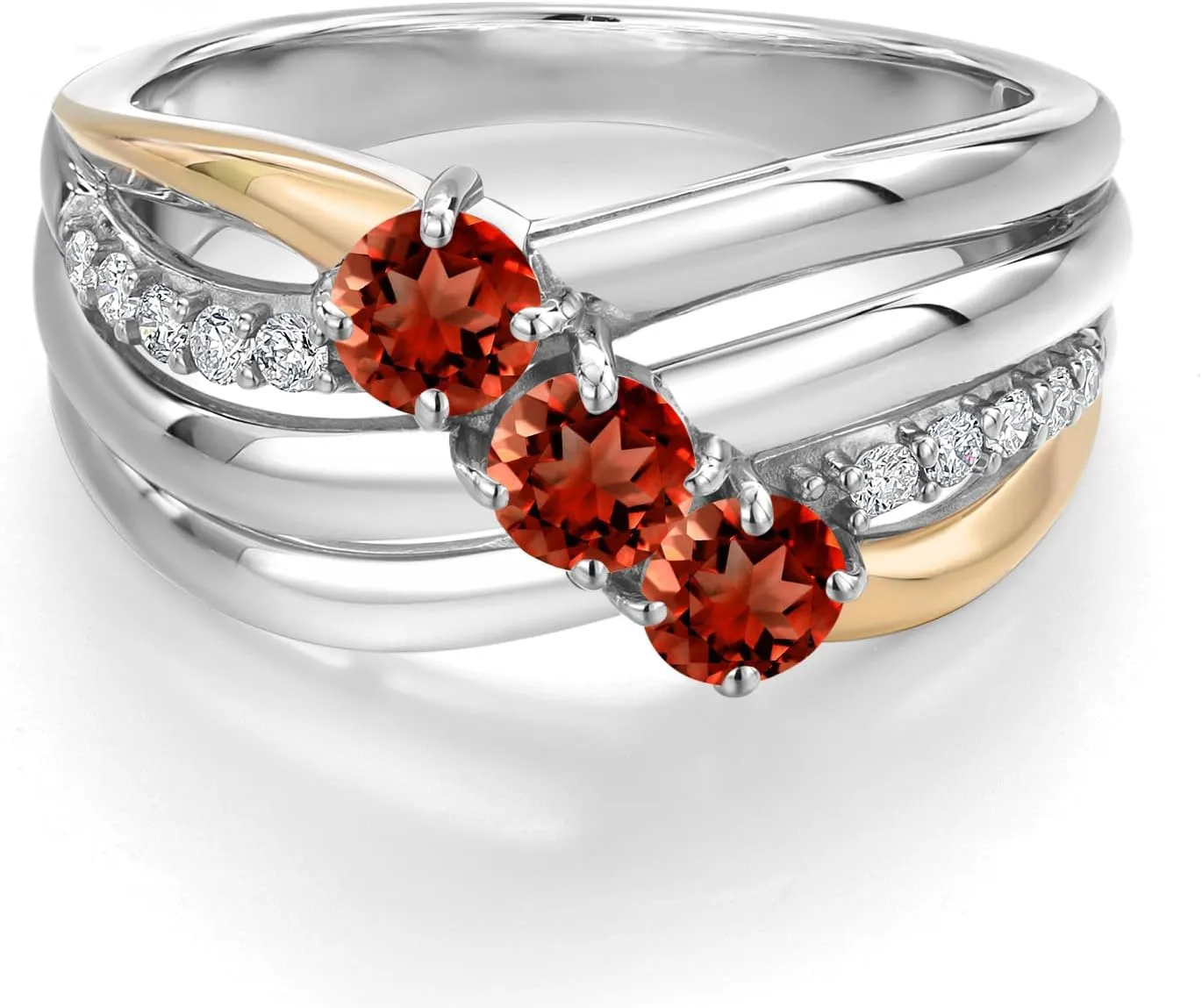 Gem Stone King 925 Silver and 10K Yellow Gold Red Garnet and Lab Grown Diamond Engagement Ring for Women | 1.26 Cttw | Round 4MM | Gemstone January Birthstone | Available in Size 5,6,7,8,9