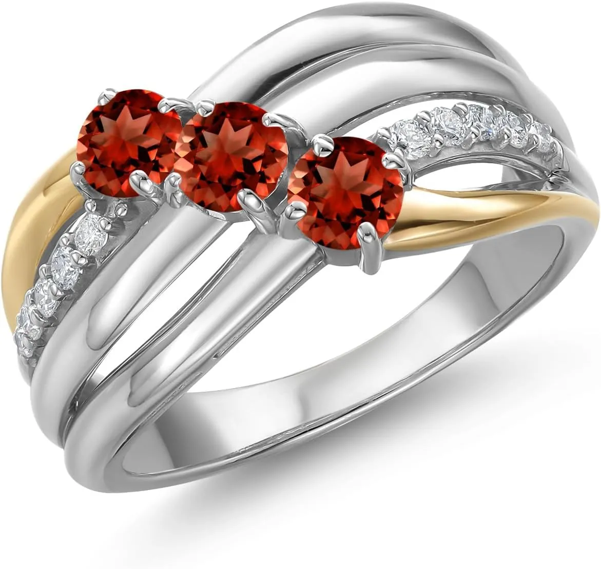 Gem Stone King 925 Silver and 10K Yellow Gold Red Garnet and Lab Grown Diamond Engagement Ring for Women | 1.26 Cttw | Round 4MM | Gemstone January Birthstone | Available in Size 5,6,7,8,9