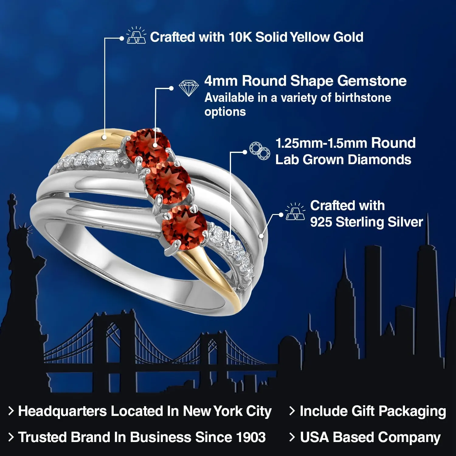 Gem Stone King 925 Silver and 10K Yellow Gold Red Garnet and Lab Grown Diamond Engagement Ring for Women | 1.26 Cttw | Round 4MM | Gemstone January Birthstone | Available in Size 5,6,7,8,9