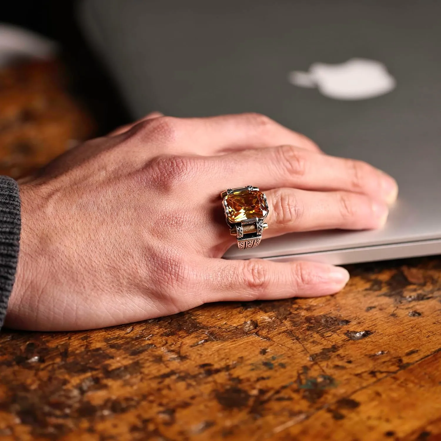 Genuine Solid 925 Sterling Silver Ring for Men, Accented with Bronze, Faceted Simulated Red Ruby Stone, Vintage Turkish Ottoman Style