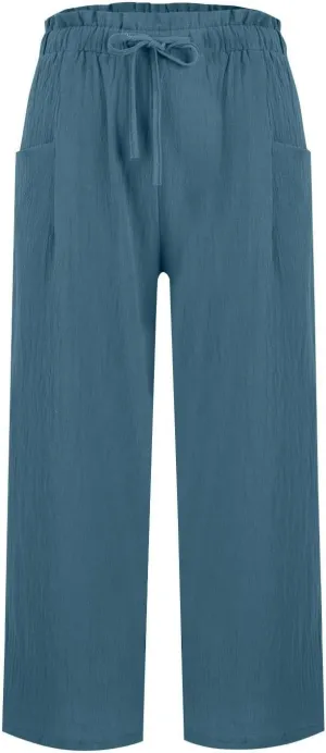 GIERIDUC Capris Pants for Women Cotton Linen Casual Summer Gauze Pant Wide Leg Drawstring Elastic Waist Cropped Trouser
