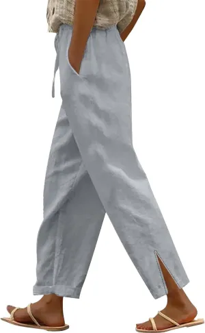 GIERIDUC Linen Pants for Women 2025 Summer High Waist Elastic Straight Leg Lounge Pant Casual Loose Beach Trousers w/Pockets