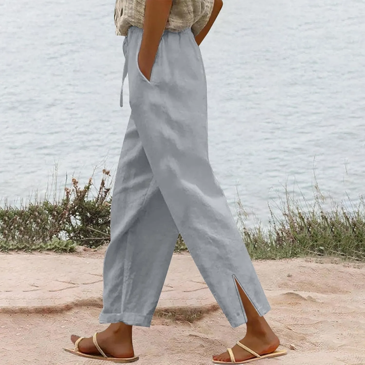 GIERIDUC Linen Pants for Women 2025 Summer High Waist Elastic Straight Leg Lounge Pant Casual Loose Beach Trousers w/Pockets