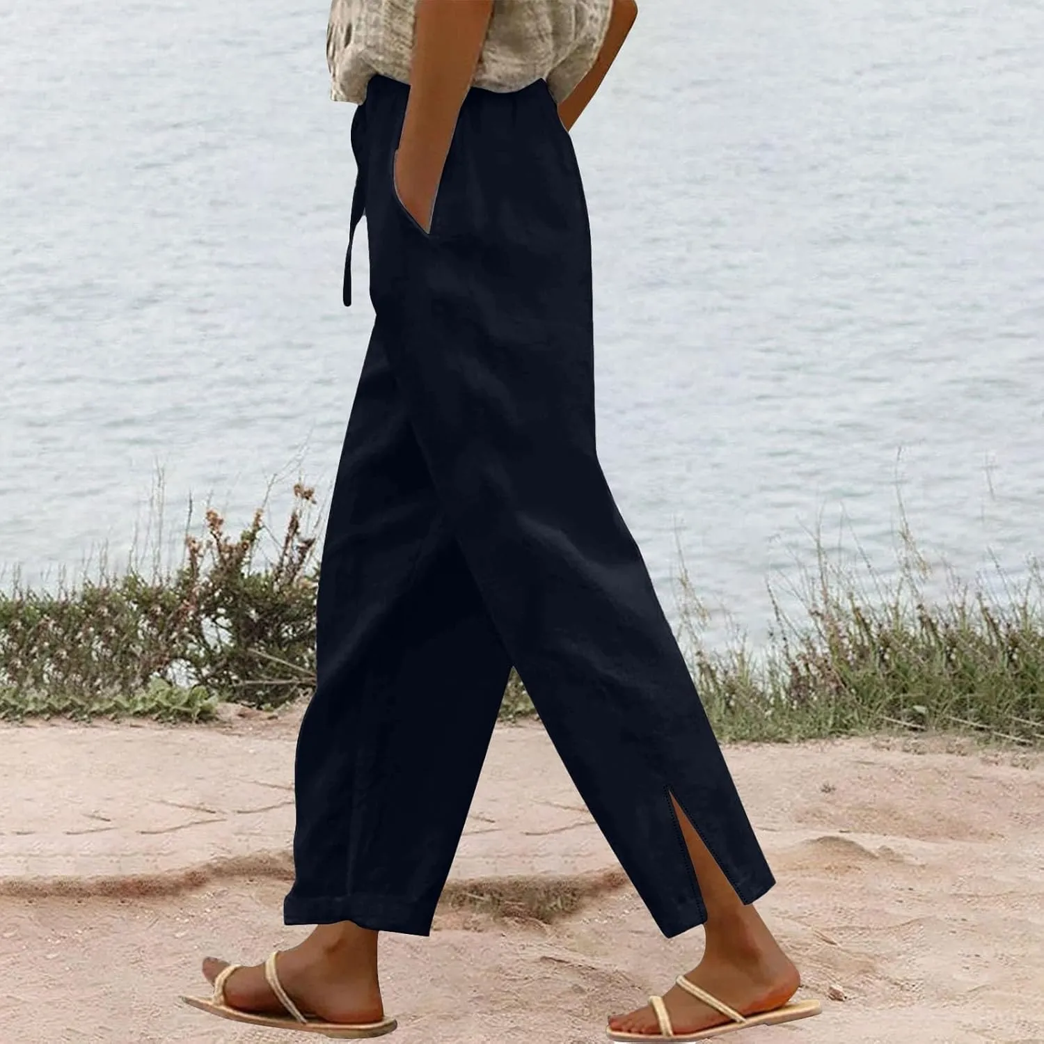GIERIDUC Linen Pants for Women 2025 Summer High Waist Elastic Straight Leg Lounge Pant Casual Loose Beach Trousers w/Pockets