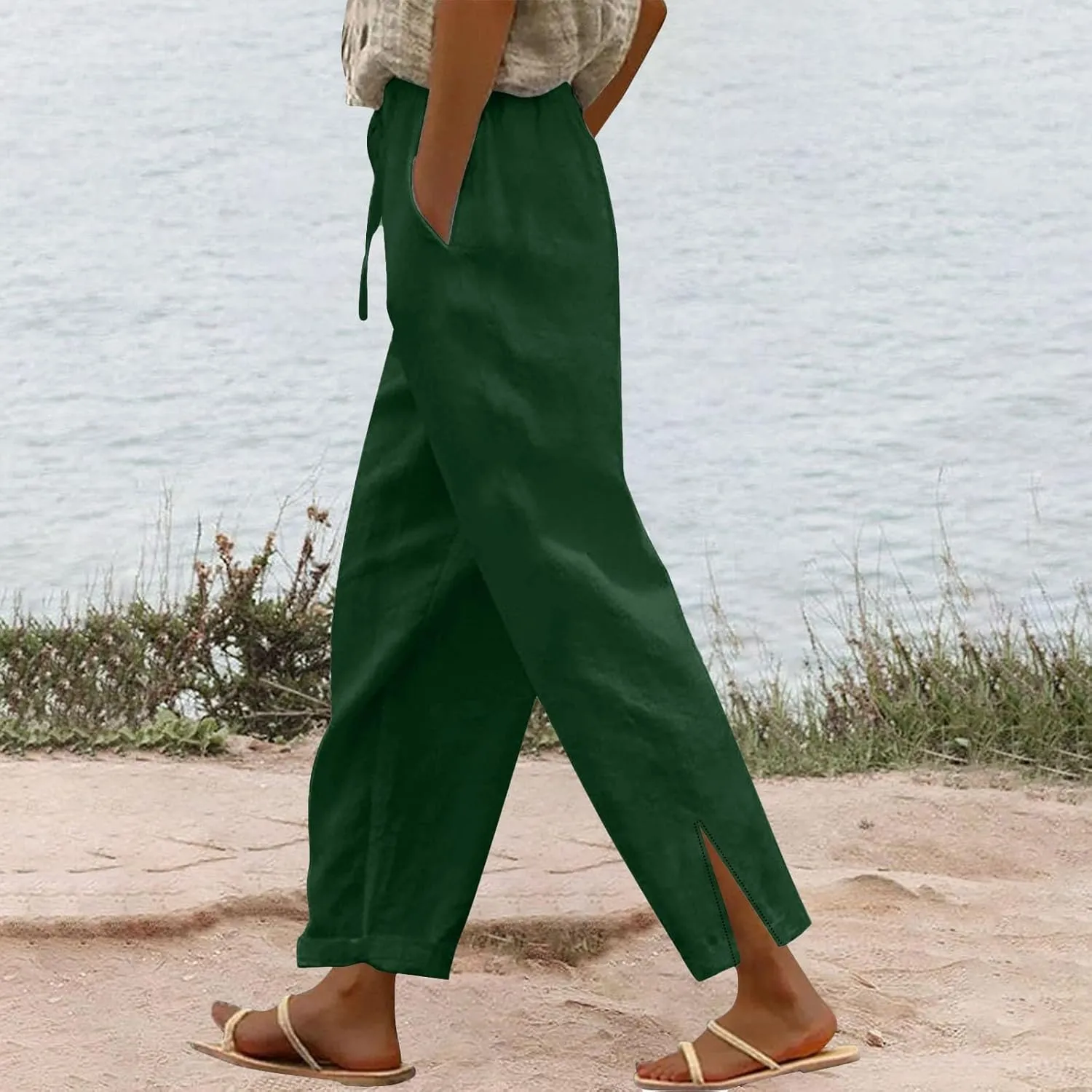 GIERIDUC Linen Pants for Women 2025 Summer High Waist Elastic Straight Leg Lounge Pant Casual Loose Beach Trousers w/Pockets