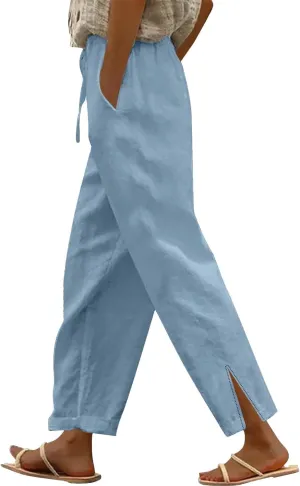 GIERIDUC Linen Pants for Women 2025 Summer High Waist Elastic Straight Leg Lounge Pant Casual Loose Beach Trousers w/Pockets
