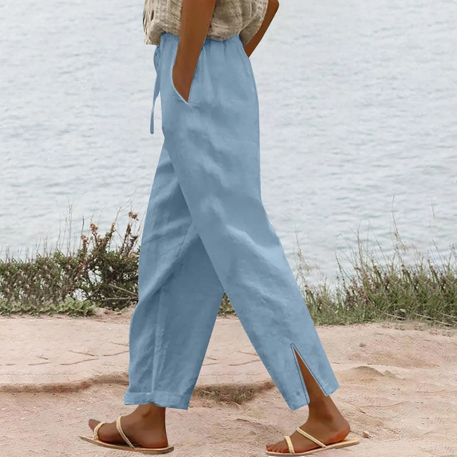 GIERIDUC Linen Pants for Women 2025 Summer High Waist Elastic Straight Leg Lounge Pant Casual Loose Beach Trousers w/Pockets