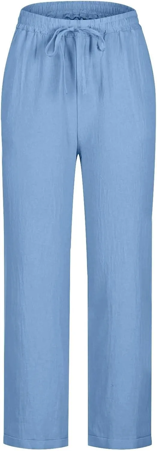 GIERIDUC Linen Pants for Women High Waisted Wide Leg Trousers Trendy Solid Color Drawstring Elastic Waist Summer Gauze Pants