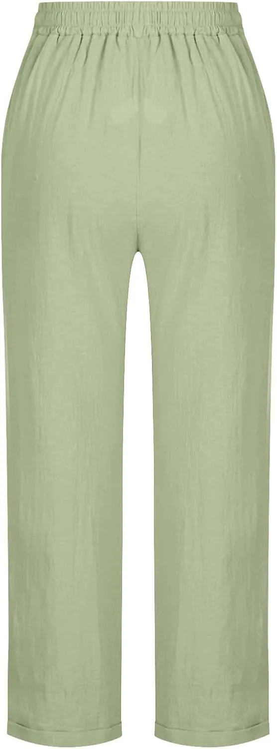 GIERIDUC Linen Pants for Women High Waisted Wide Leg Trousers Trendy Solid Color Drawstring Elastic Waist Summer Gauze Pants