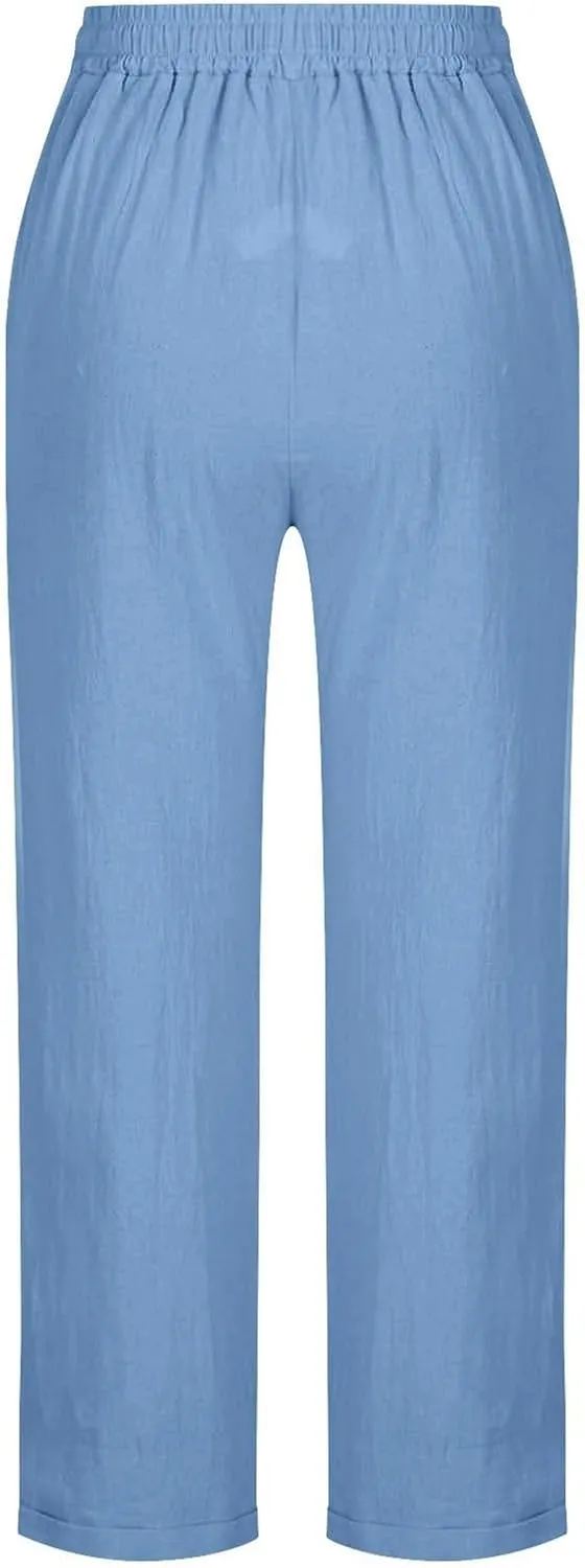 GIERIDUC Linen Pants for Women High Waisted Wide Leg Trousers Trendy Solid Color Drawstring Elastic Waist Summer Gauze Pants
