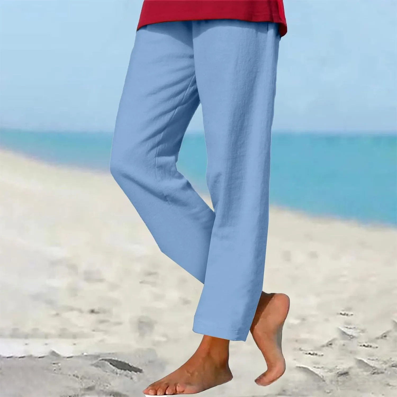 GIERIDUC Linen Pants for Women High Waisted Wide Leg Trousers Trendy Solid Color Drawstring Elastic Waist Summer Gauze Pants