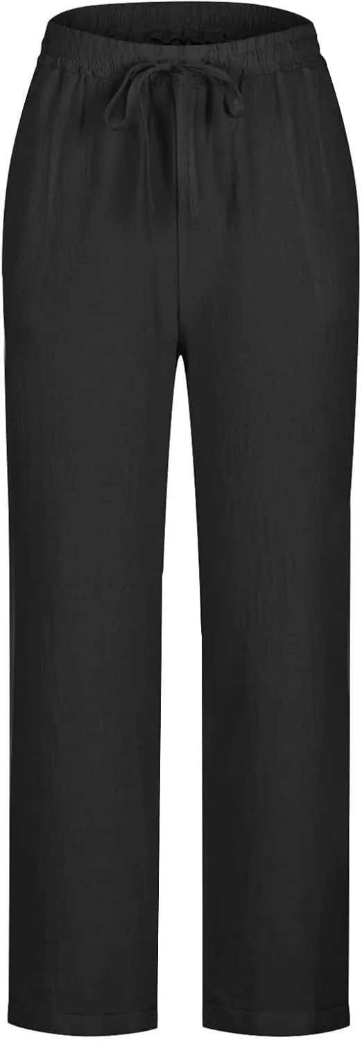 GIERIDUC Linen Pants for Women High Waisted Wide Leg Trousers Trendy Solid Color Drawstring Elastic Waist Summer Gauze Pants