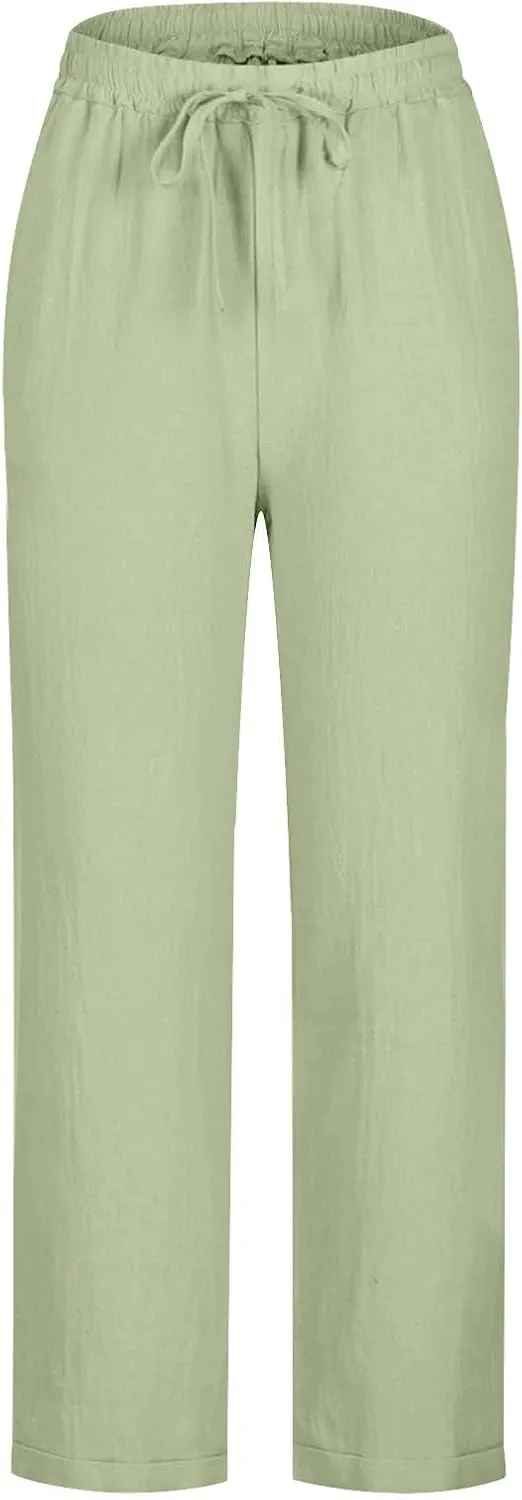 GIERIDUC Linen Pants for Women High Waisted Wide Leg Trousers Trendy Solid Color Drawstring Elastic Waist Summer Gauze Pants
