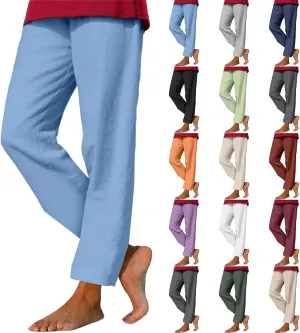 GIERIDUC Linen Pants for Women High Waisted Wide Leg Trousers Trendy Solid Color Drawstring Elastic Waist Summer Gauze Pants