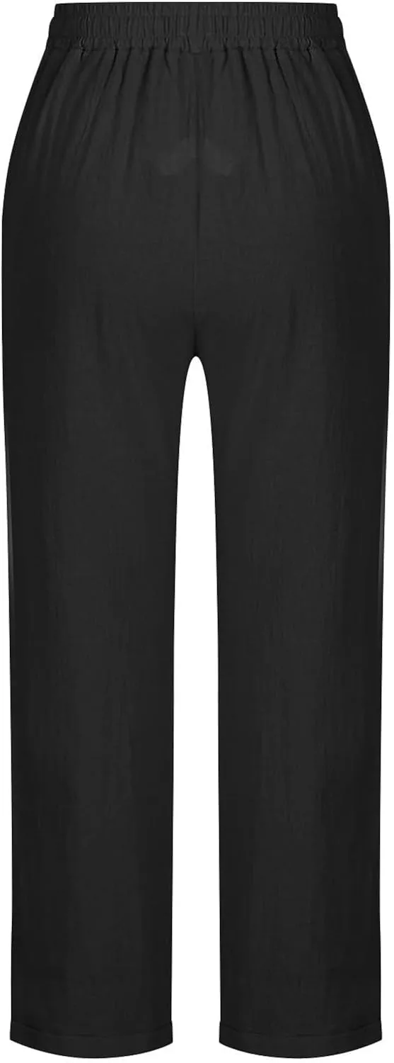 GIERIDUC Linen Pants for Women High Waisted Wide Leg Trousers Trendy Solid Color Drawstring Elastic Waist Summer Gauze Pants