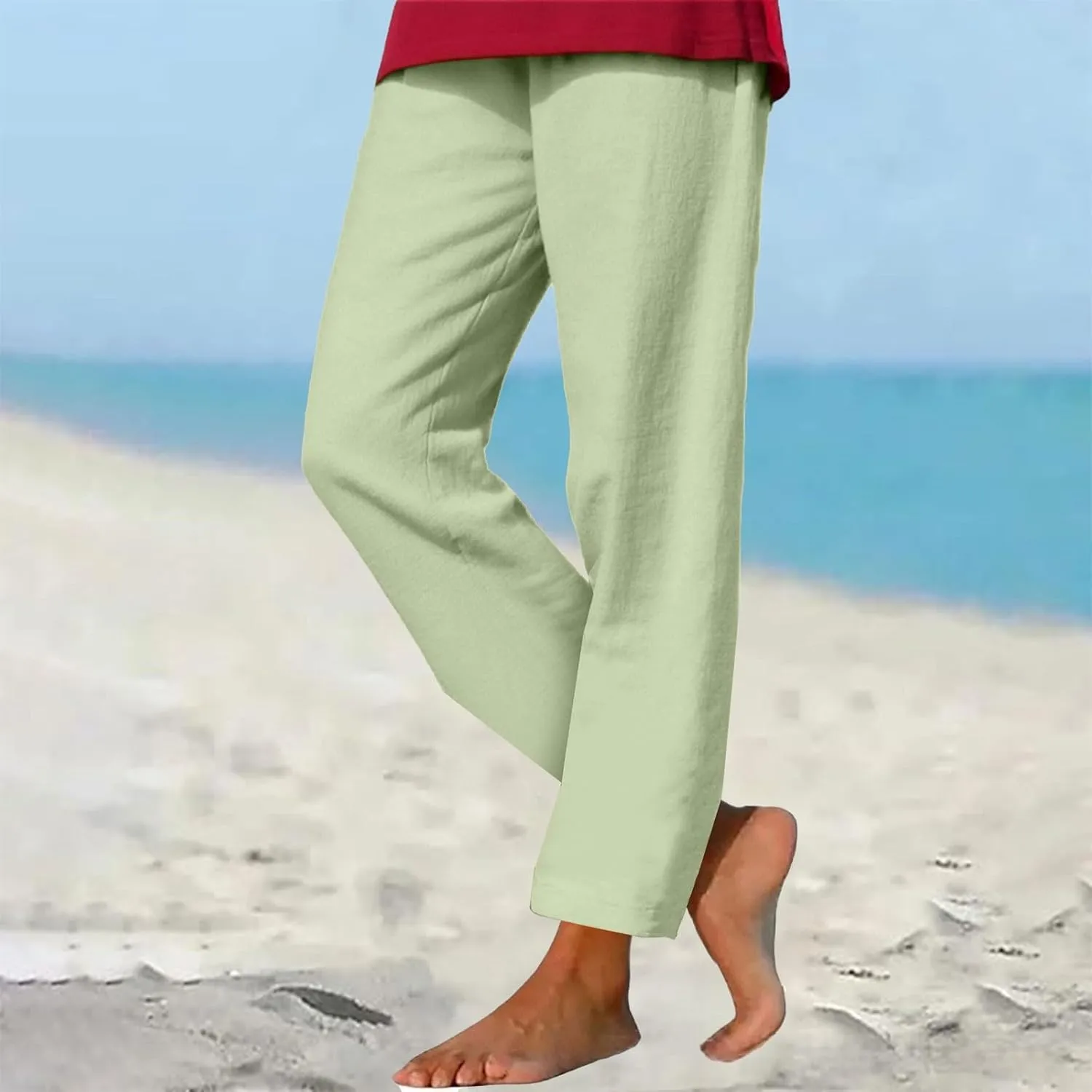 GIERIDUC Linen Pants for Women High Waisted Wide Leg Trousers Trendy Solid Color Drawstring Elastic Waist Summer Gauze Pants