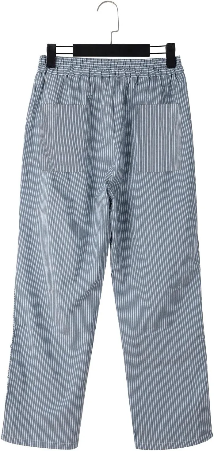 GIERIDUC Striped Linen Pants Women Cropped Side Button Trim Elastic Waist Capris Lightweight Summer Beach Trouser with Pocket