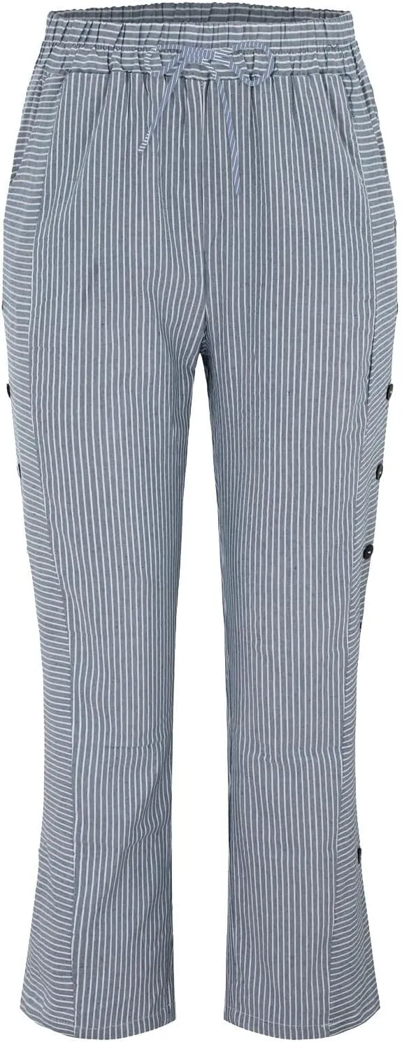 GIERIDUC Striped Linen Pants Women Cropped Side Button Trim Elastic Waist Capris Lightweight Summer Beach Trouser with Pocket